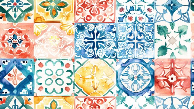 Stunning seamless design featuring hand-drawn watercolor tiles in patchwork style.