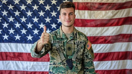 Man in military uniform gives thumbs up to camera on gray-black background