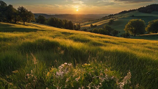 A field of grass with a few flowers in the foreground