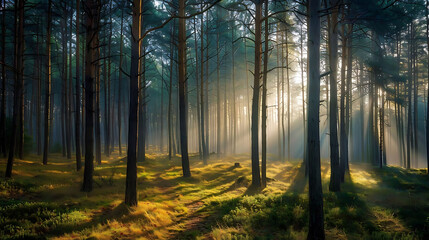 Naklejka premium serene forest with misty trees in the morning light