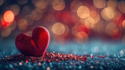 Red heart on table with selective focus and bokeh background for valentine day greeting card. Neural network generated image. Not based on any actual person or scene.