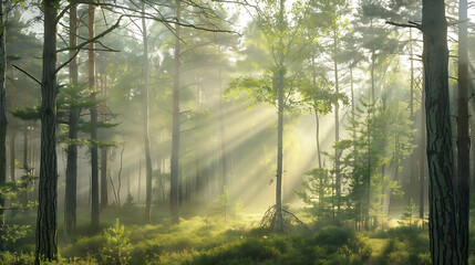 serene forest with misty trees in the morning light