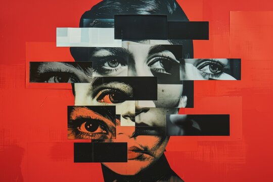 Surreal collage of multiple faces and eyes on a red background