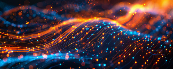 Abstract digital background with glowing blue and orange lines, representing data flow in the tech industry in the style of unknown artist.