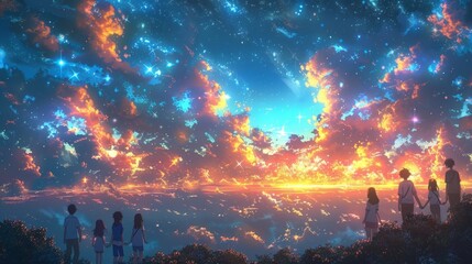 In the World of Anime: Characters Stand United on the Earth, Surrounded by a Starry Canvas.