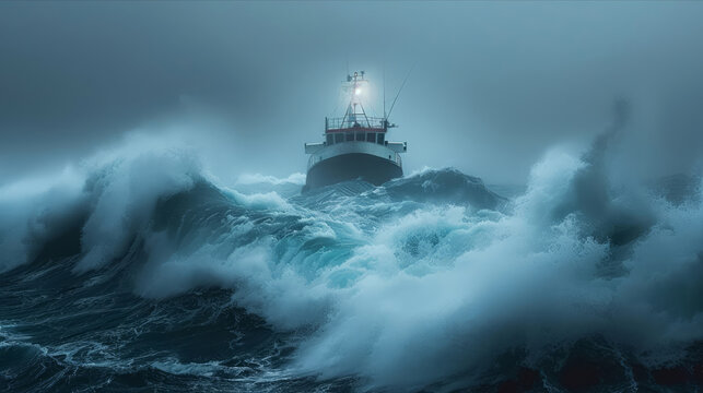 Stormy seas and towering waves challenging a solitary vessel in rough waters