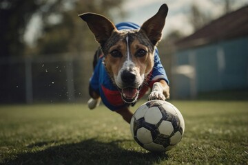 Fantasy image of a dog soccer player in a sporty jersey, mid-air with a determined, intense expression, as it kicks a soccer ball
