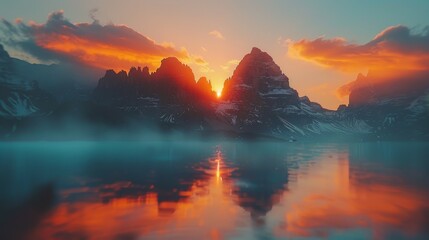 Dynamic time-lapse, sunset to sunrise, mountain range, close up, focus on, copy space, warm colors, Double exposure silhouette with peaks