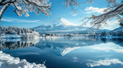 Majestic view of Mount Fuji by Lake Kawaguchi in winter, blanketed in snow with the serene lake reflecting the iconic peak under a clear blue sky.