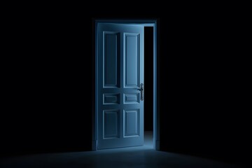 Mysterious neon blue door slightly open in dark room with intricate designs