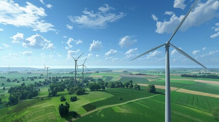 Obraz premium Wind turbines generating power for a sustainable farm, set against a backdrop of green fields and blue skies, in a photorealistic style. --ar 16:9 --style raw