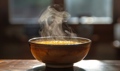 A bowl of hot soup with aromatic steam floating on top.