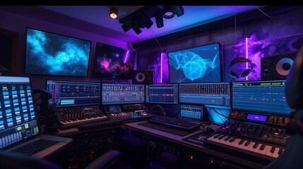 Obraz premium An electronic music producer's home studio, with a digital audio workstation and multiple displays, creating complex soundscapes and beats.