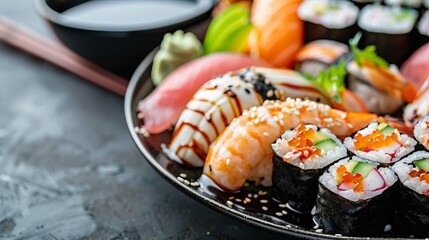 various type of sushi on a plate with copy space