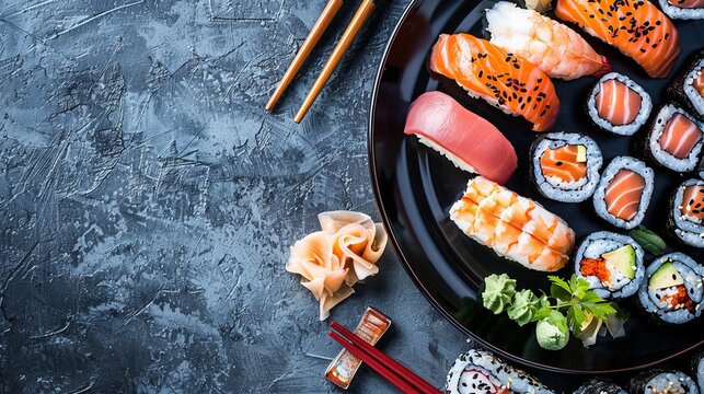 various type of sushi on a plate with copy space