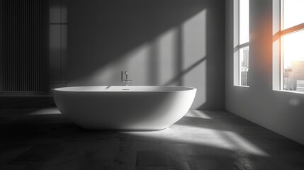 Minimalist bathroom, sleek fixtures, concrete floor, close up, focus on, copy space, crisp tones, Double exposure silhouette with bathtub