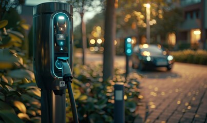 Close up Modern fast electric vehicle chargers for charging car in park