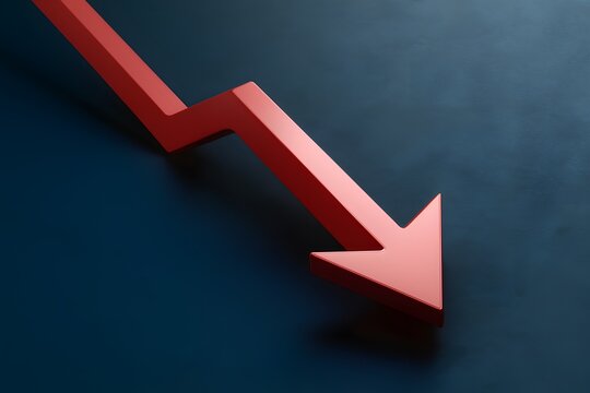 Red 3D arrow descends on deep blue background, indicating downward trend prominently