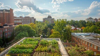 Obraz premium Rooftop gardens atop urban buildings utilizing green infrastructure for sustainable food production in cities. --ar 16:9 --style raw Job ID: b0c7541f-fbf3-490a-8648-f418786c686b
