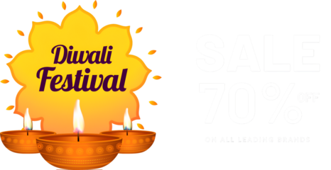 Diwali Festival Sale with 70% discount offer, illuminated oil lamps on purple background. Website header or banner design with space for your product image.