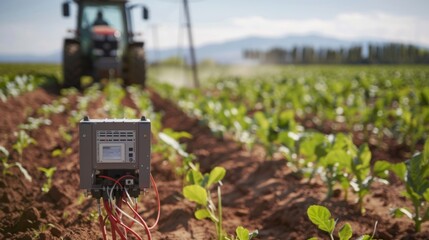 Smart sensors attached to a tractor, collecting real-time data on soil moisture and weather conditions, illustrating IoT integration in farming. --ar 16:9 --style raw
