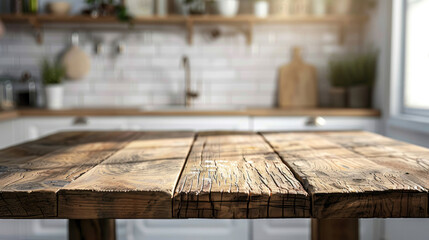 Rustic wooden table top in focus with a softly blurred kitchen scene behind, providing a warm and functional setting for product displays or design mock-ups.