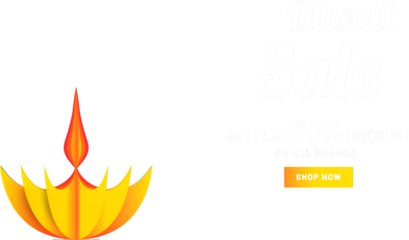 Diwali sale banner with 60% discount offer, illuminated oil lamp (Diya) origami floral elements on pink and yellow background.