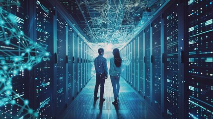 Obraz premium Female and Male IT Engineers Discussing Technical Details in a Working Data Center/ Server Room with Internet Connection Visualisation.