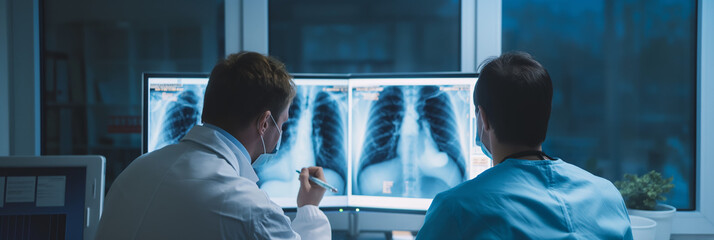 Two doctors review radiographic images on a digital monitor in a hospital's radiology department