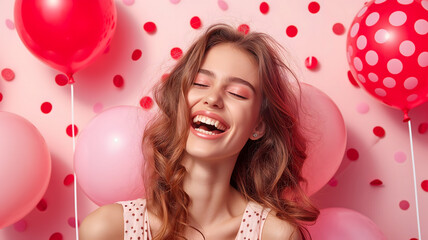 Young adult woman with red and pink air balloons laughing, on pink polka dots background. Happy holiday party. Joyful beauty having fun, celebrating Valentine's Day. Neural network generated image.