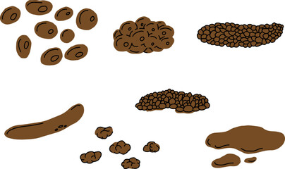 Poop excrement for medical check up. Bristol scale - constipation, normal and diarrhea. Hard, soft, watery type of poo. Vector illustration
