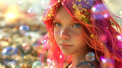 Red-haired girl with floral wreath under sunlight. Young lady with freckles. Concept of beauty, youth, nature, portrait, fairytale, wonderland