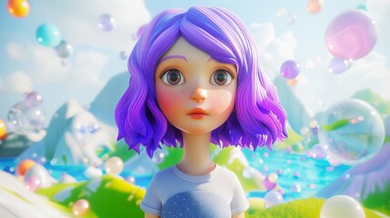 Fototapeta premium Cute Female Character with Purple Hair in a Vibrant Fantasy Landscape. Cute girl in wonderland. Concept of creativity, dreamlike, colorful design, imaginative art