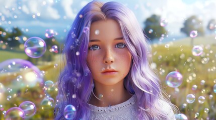 Young woman with purple hair and freckles surrounded by bubbles. Cute girl in wonderland. Concept of beauty, ethereal, whimsical, outdoors