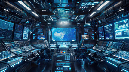 Space station control room filled with advanced robotic systems and automated technology, engineering an ultramodern ambiance under the glow of alien starfields.