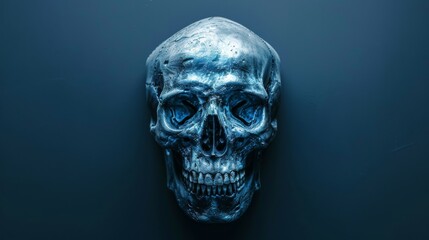 Metallic blue human skull on a dark background. Concept of Halloween, death, anatomy, artistic design, moody decoration