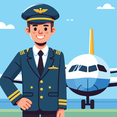 Cartoon of a pilot with an airplane at the airport © Ngilustrasi