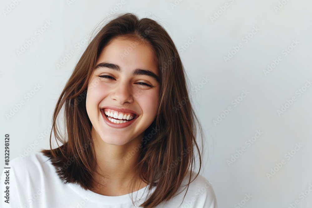 Poster Portrait of happy young woman with straight brown hair in white tshirt laughing isolated on plain background, 