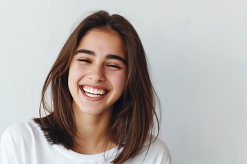 Naklejka premium Portrait of happy young woman with straight brown hair in white tshirt laughing isolated on plain background, 