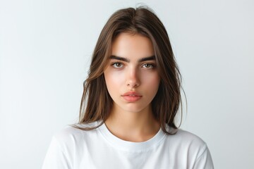 Fototapeta premium Young woman with raised eyebrow, looking at the camera isolated over a white background
