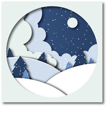 paper cut art winter scenery christmas landscape in blue colors