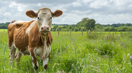 Brown and white cow in a green grassy field on a cloudy day. Farm animal in a rural setting. Concept of agriculture, farming, livestock, pastoral scene