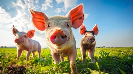 Adorable pigs. Cute piglets in a green grassy field under a blue sky with white clouds. Concept of livestock, farm animals, agriculture, rural life - Powered by Adobe