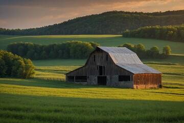 Obraz premium Old barn in the field with rolling green hills in the background