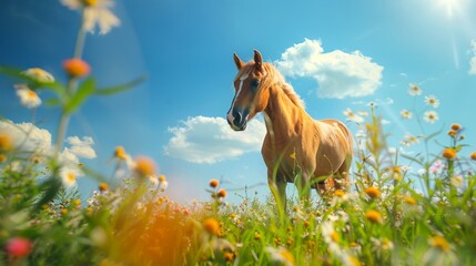 Majestic brown horse in a vibrant wildflower meadow during spring. Concept of nature, equine beauty, tranquility, idyllic landscape