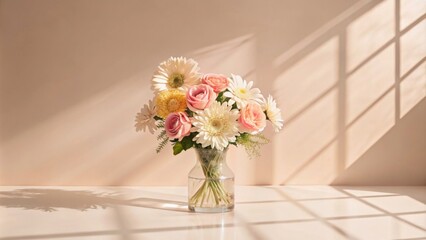 A beautiful bouquet of flowers in an oil painting style, in front of the window, the vase is on top of the table