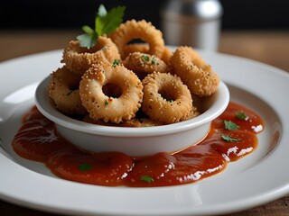 Plate of crispy calamari rings with a side of marinara sauce, perfect appetizer, generative AI