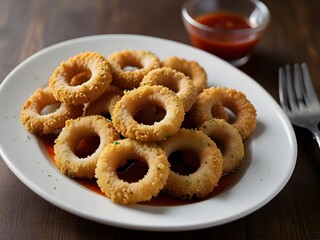 Plate of crispy calamari rings with a side of marinara sauce, perfect appetizer, generative AI