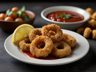 Plate of crispy calamari rings with a side of marinara sauce, perfect appetizer, generative AI