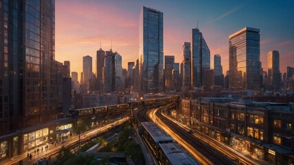 Fototapeta premium Bustling cityscape at dusk. Warm glow of setting sun casts soft light on skyscrapers. Prominent elevated train track snakes through foreground, leading to busy station filled with passengers.